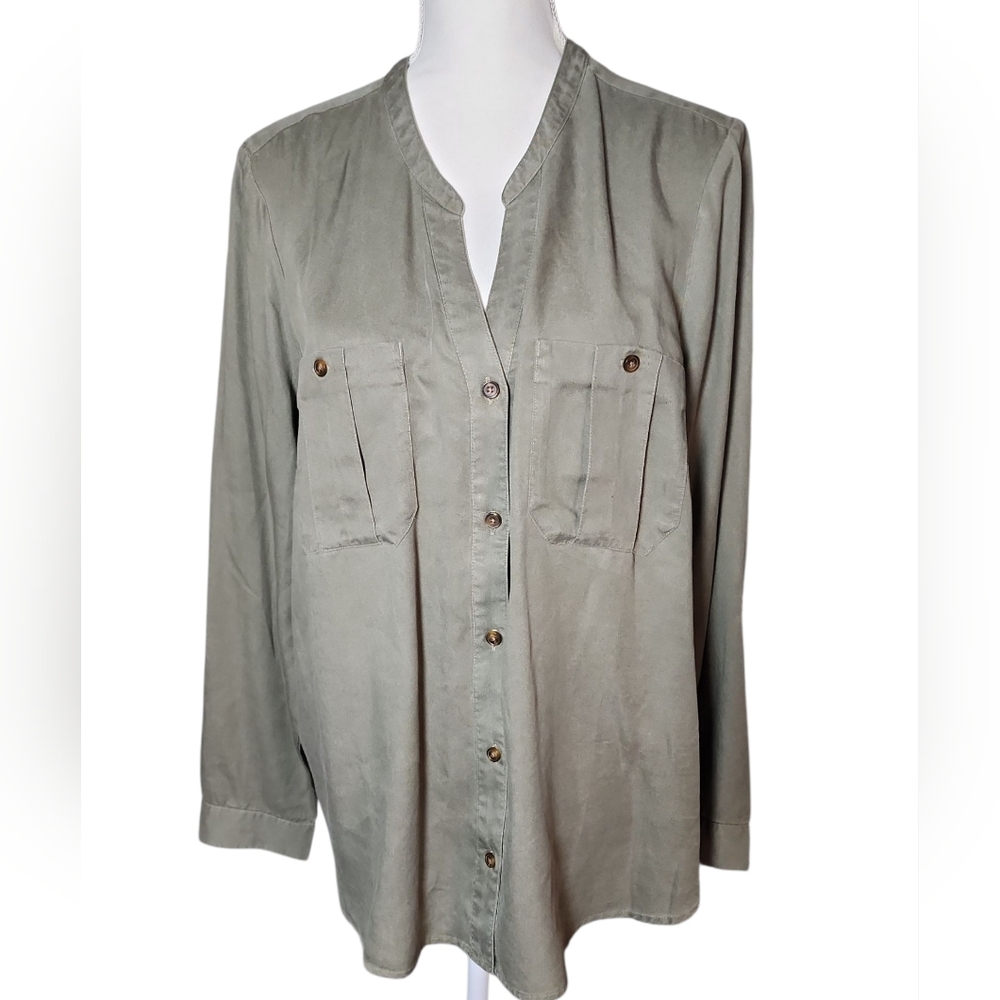J.jill Womens Olive Green Long Sleeve Button Down Blouse Nwt Size Large
